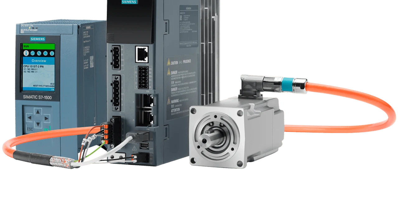 Офіційне зображення системи Siemens із контролером SIMATIC, сервоприводом SINAMICS S210 і двигуном SIMOTICS